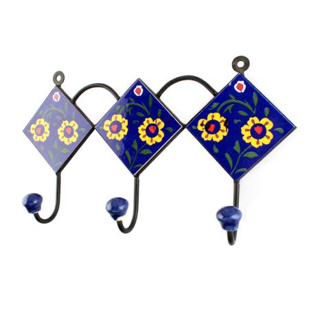 Navy Blue And Yellow Ceramic Floral Tiles Hook